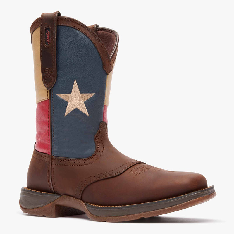 Front view of Durango Rebel Work brown western boot with Texas flag shaft design