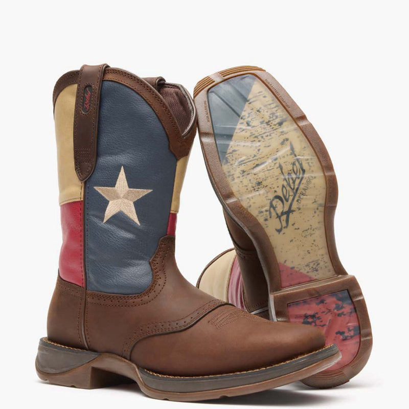 Front pair view of Durango Rebel Work brown western boot with Texas flag shaft design and outsole showing