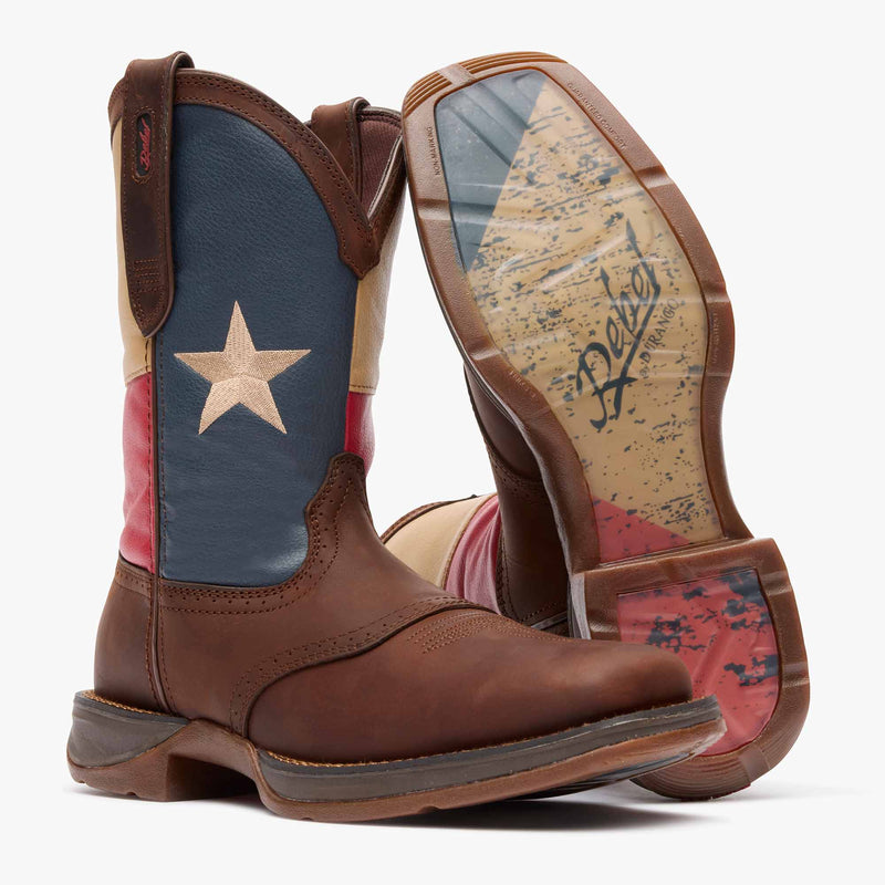 Front pair view of Durango Rebel Work brown western boot with Texas flag shaft design and outsole showing