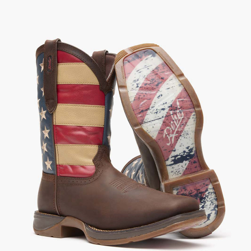 Front view of a pair of Durango Rebel™ USA Flag square toe western boots showing outsole
