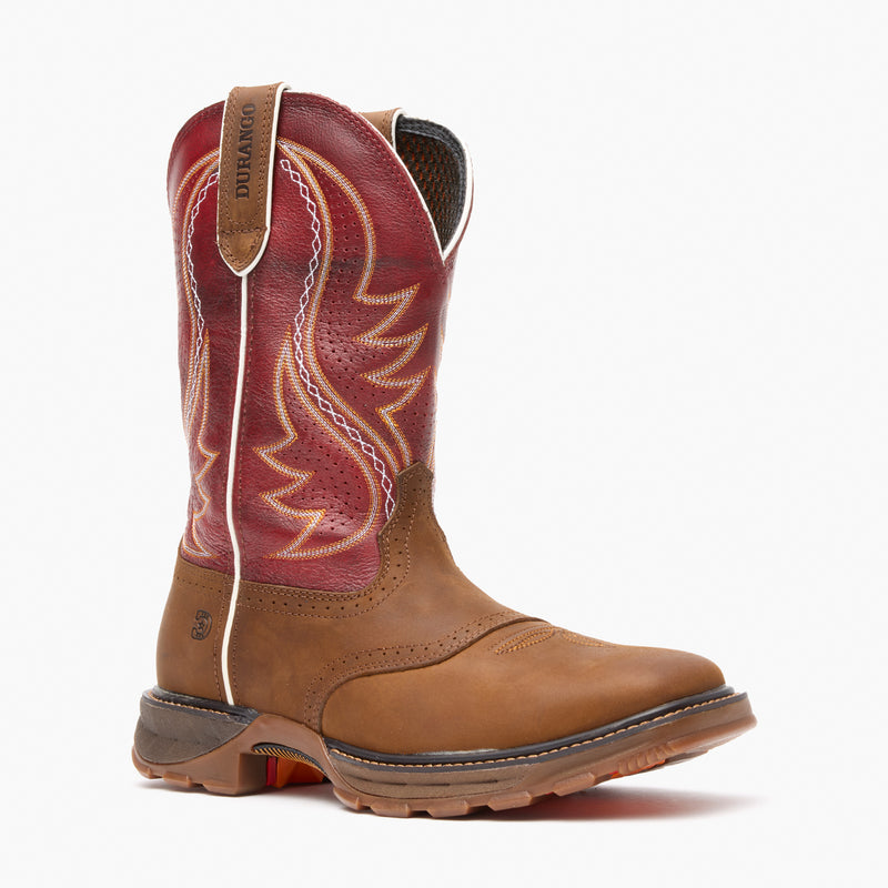 Brown and red cowboy boot on a white background