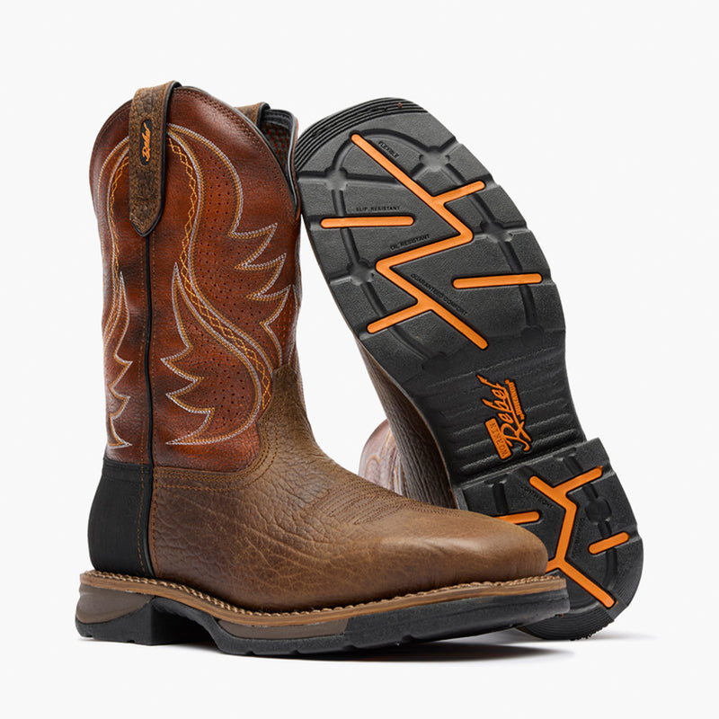 Front pair view of Durango Workin' Rebel ventilated brown square toe work boots with outsole showing