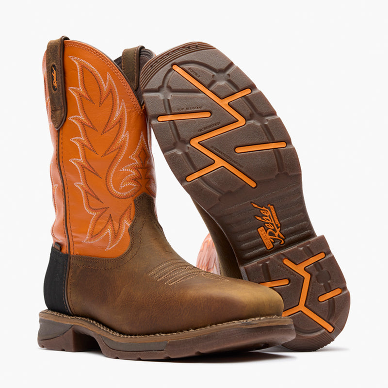 Front pair view of Durango Workin' Rebel brown and orange square toe work boots with outsole showing