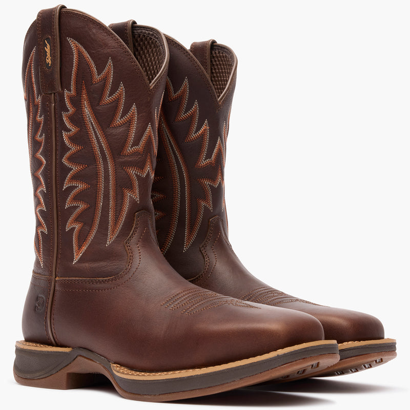 Front view of a pair of Durango Rebel Ultra Lite brown square toe western boots