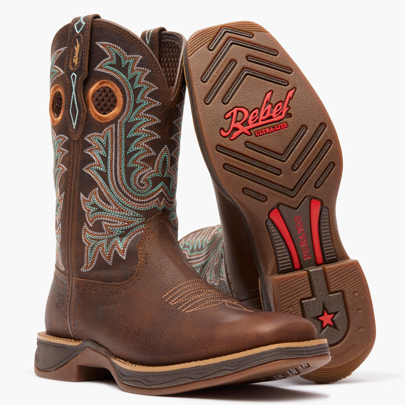 Front pair view of brown Durango Rebel Ultra Lite western boots with outsole showing