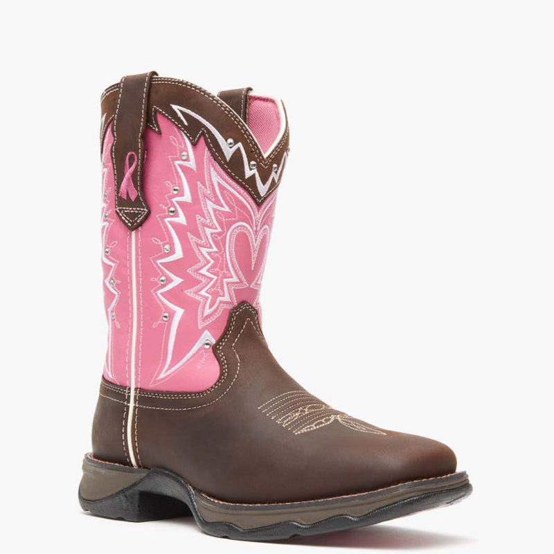 Front view of Durango Lady Rebel western boot with breast cancer ribbon detailing