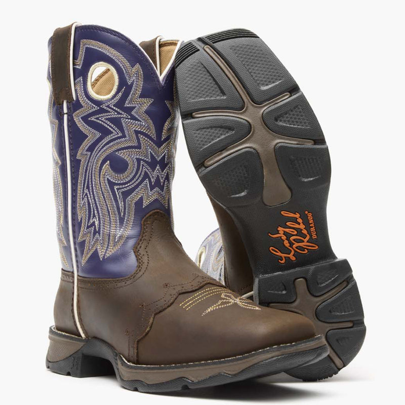 Front pair view of Durango Lady Rebel Brown and Purple western boots with outsole showing