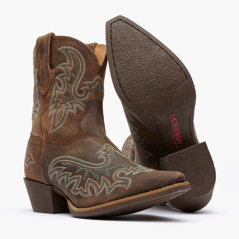Front view of a pair of Durango Shyloh brown fashion toe western boots showing outsole