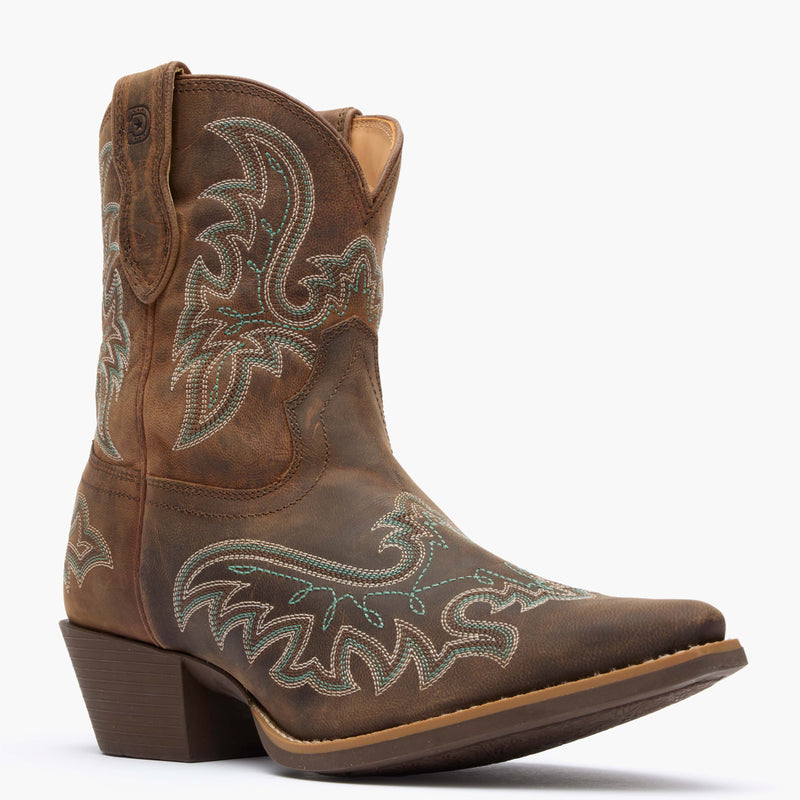 Front view of Durango Women's Shyloh Brown Snip Toe Short Western Boot