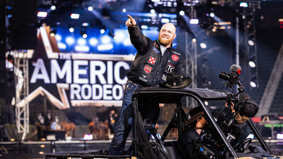 Will Lummus, Steer Roper, victory lap at the 2025 American Rodeo