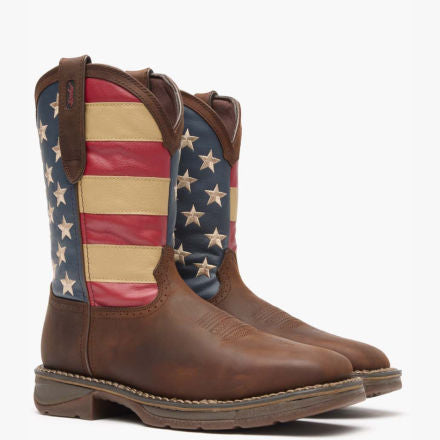 Front pair view of Durango Workin' Rebel work boots with American flag shaft design