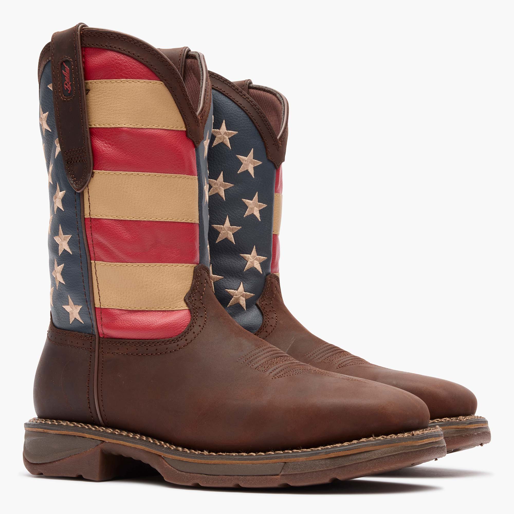Front view of a pair of Durango Workin' Rebel work boots with American flag shaft design