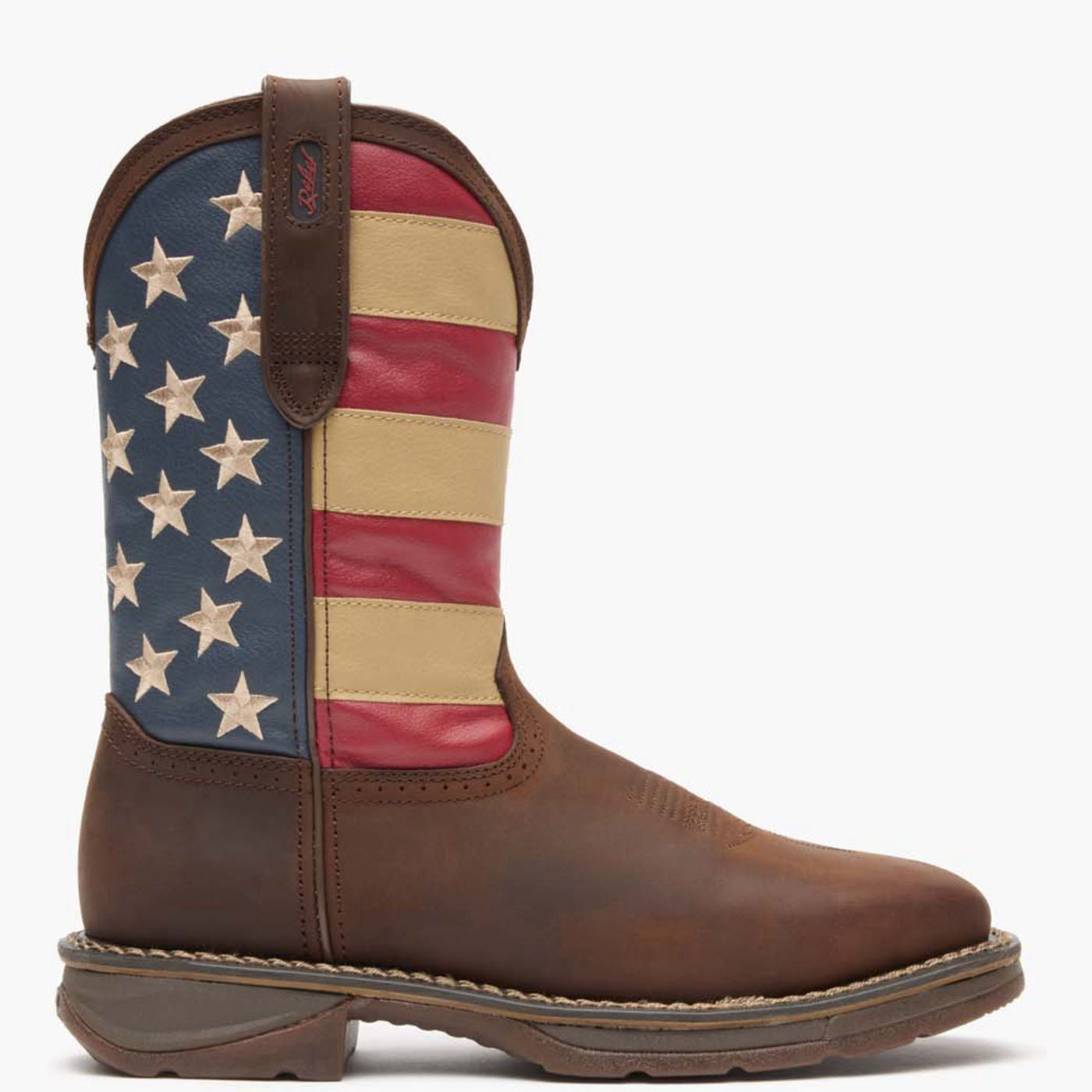 Outer side view of Durango Workin' Rebel work boots with American flag shaft design
