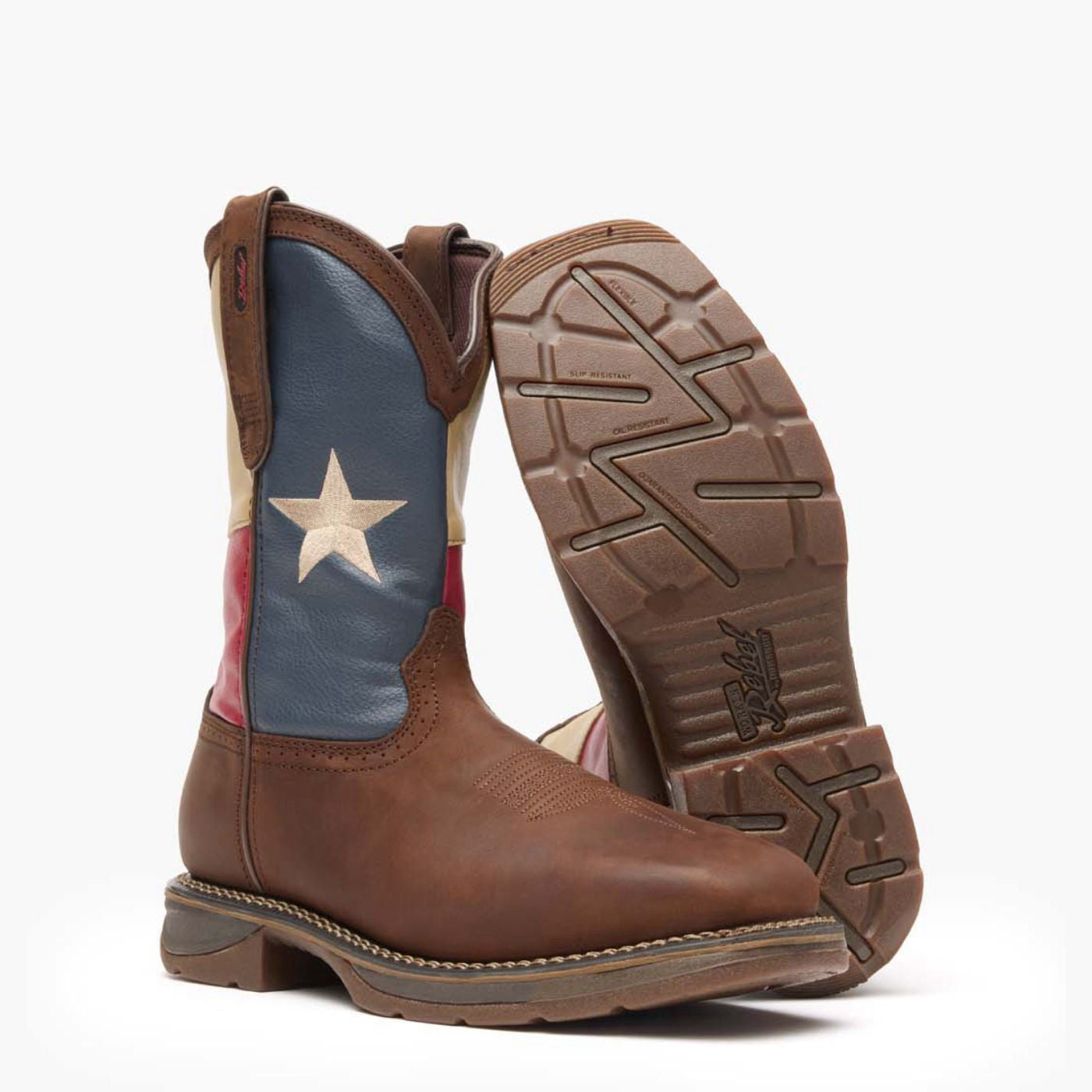 Front pair view of Durango Workin' Rebel Texas flag work boots with outsole showing