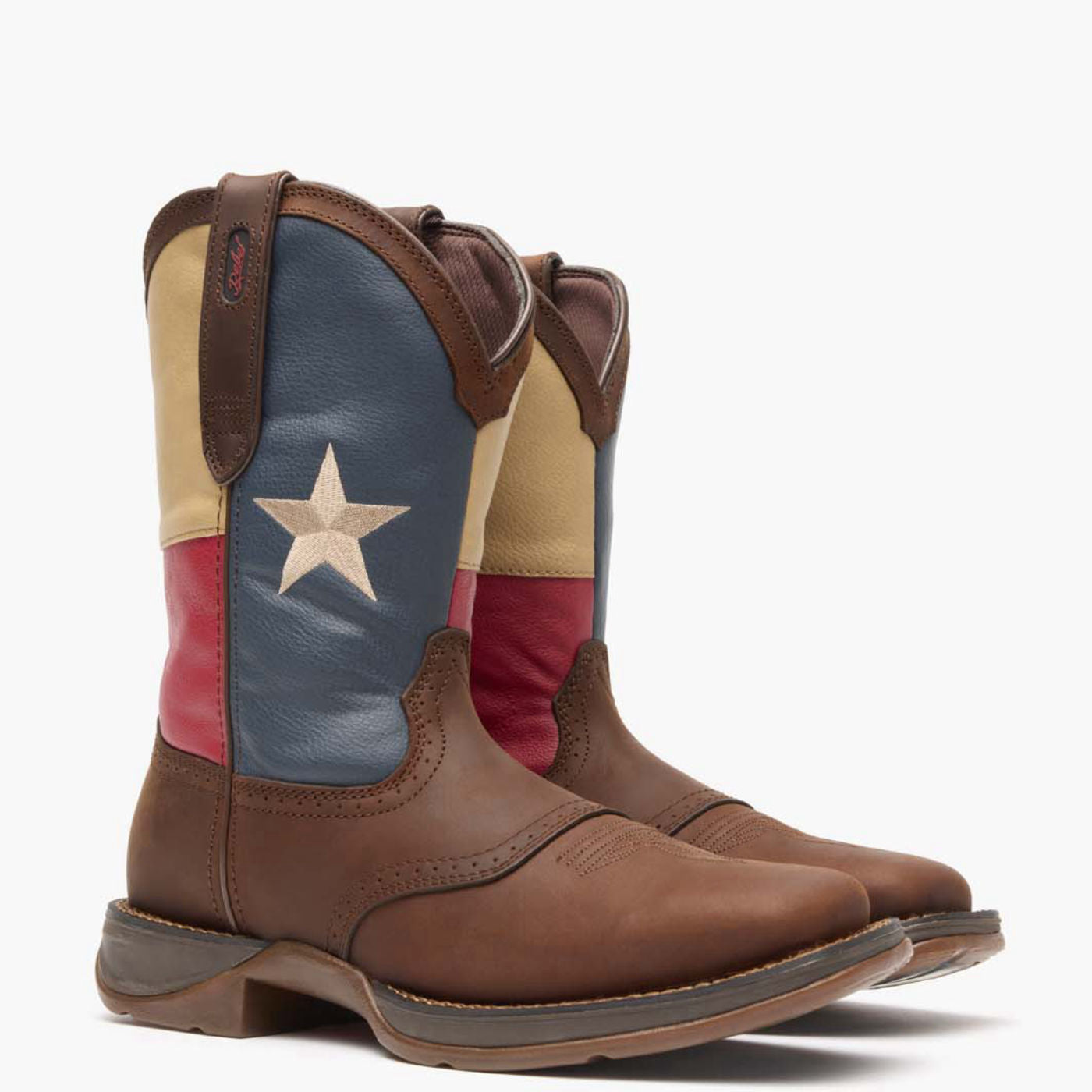 Front pair view of Durango Rebel Work brown western boot with Texas flag shaft design