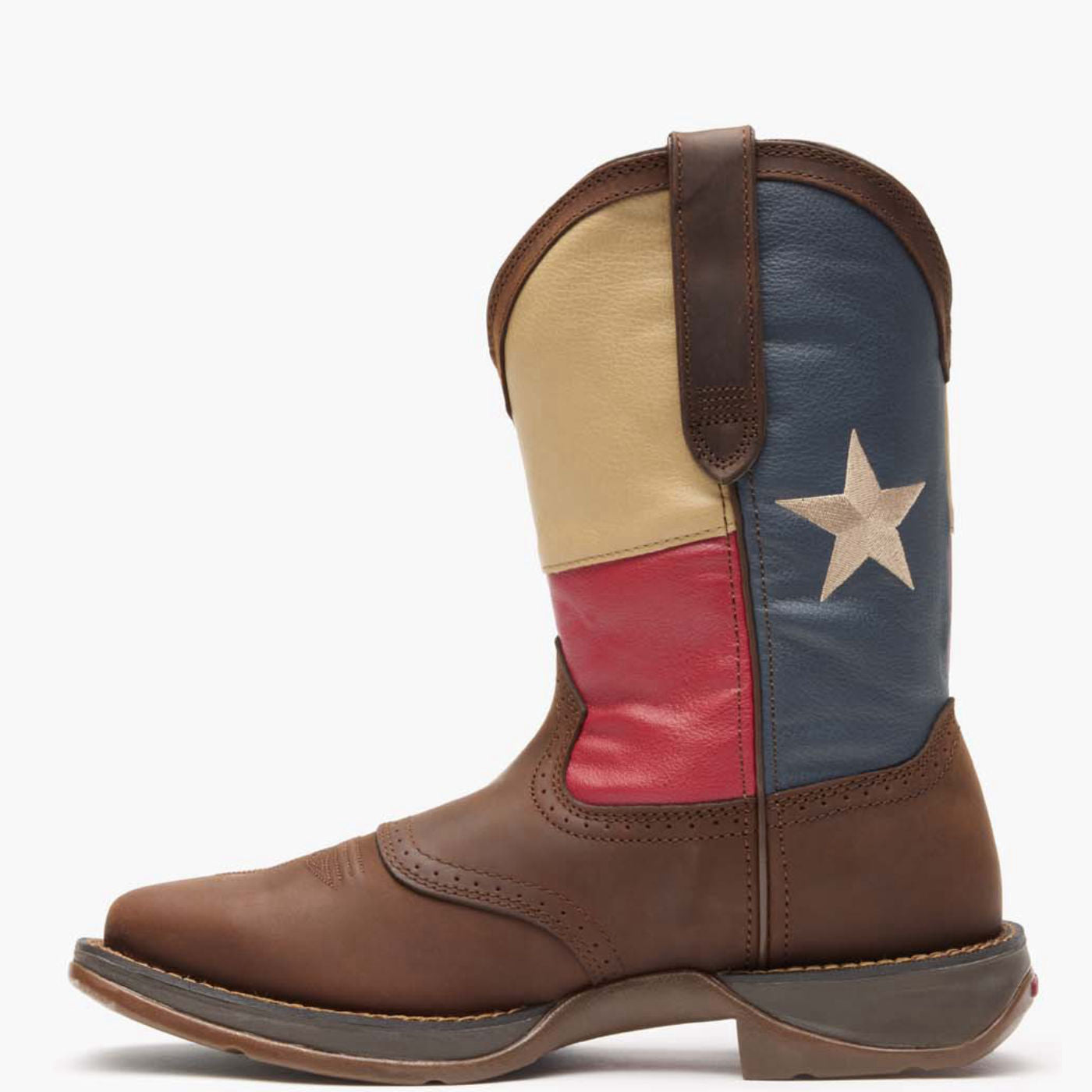 Inner side view of Durango Rebel Work brown western boot with Texas flag shaft design