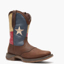 Front view of Durango Rebel Work brown western boot with Texas flag shaft design