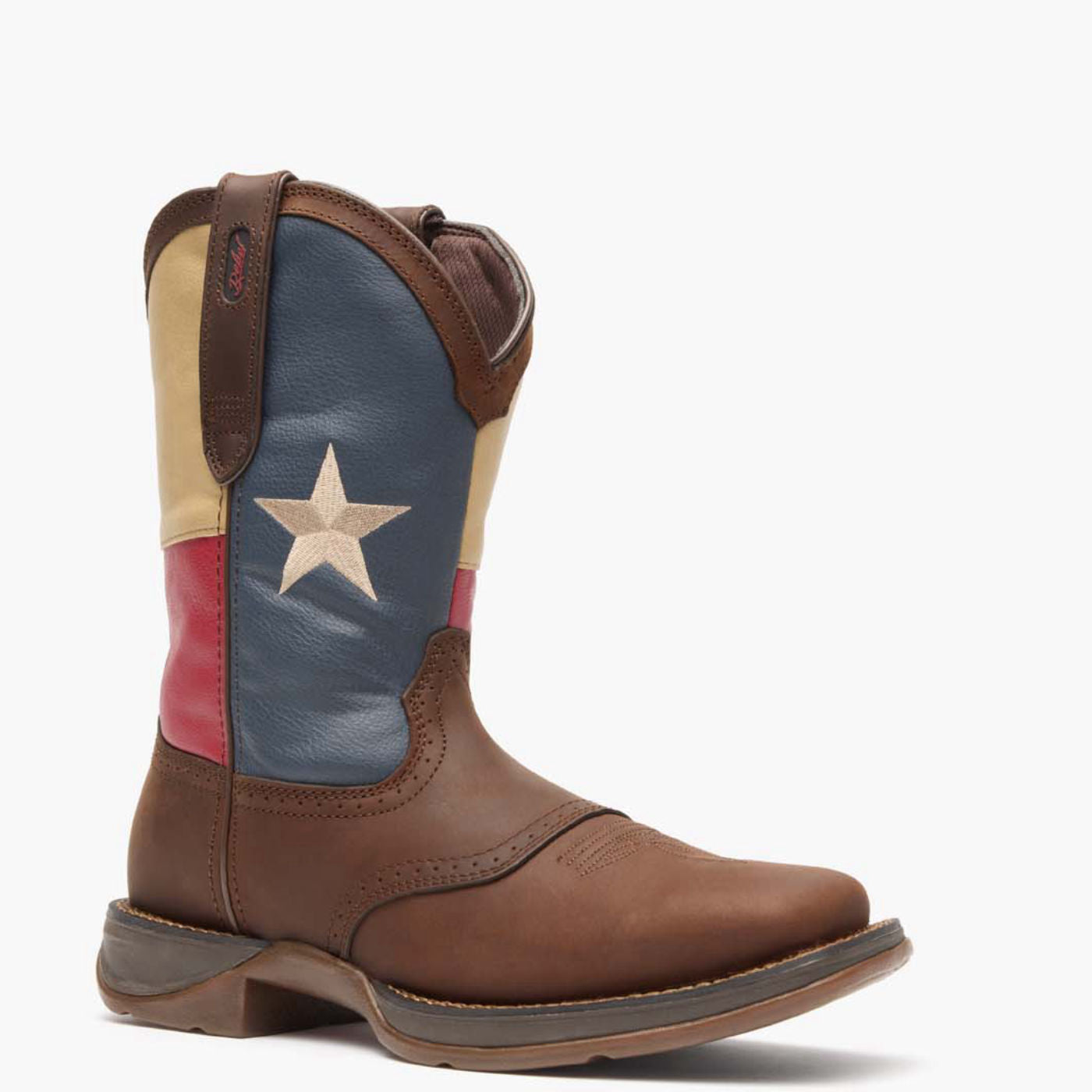 Front view of Durango Rebel Work brown western boot with Texas flag shaft design
