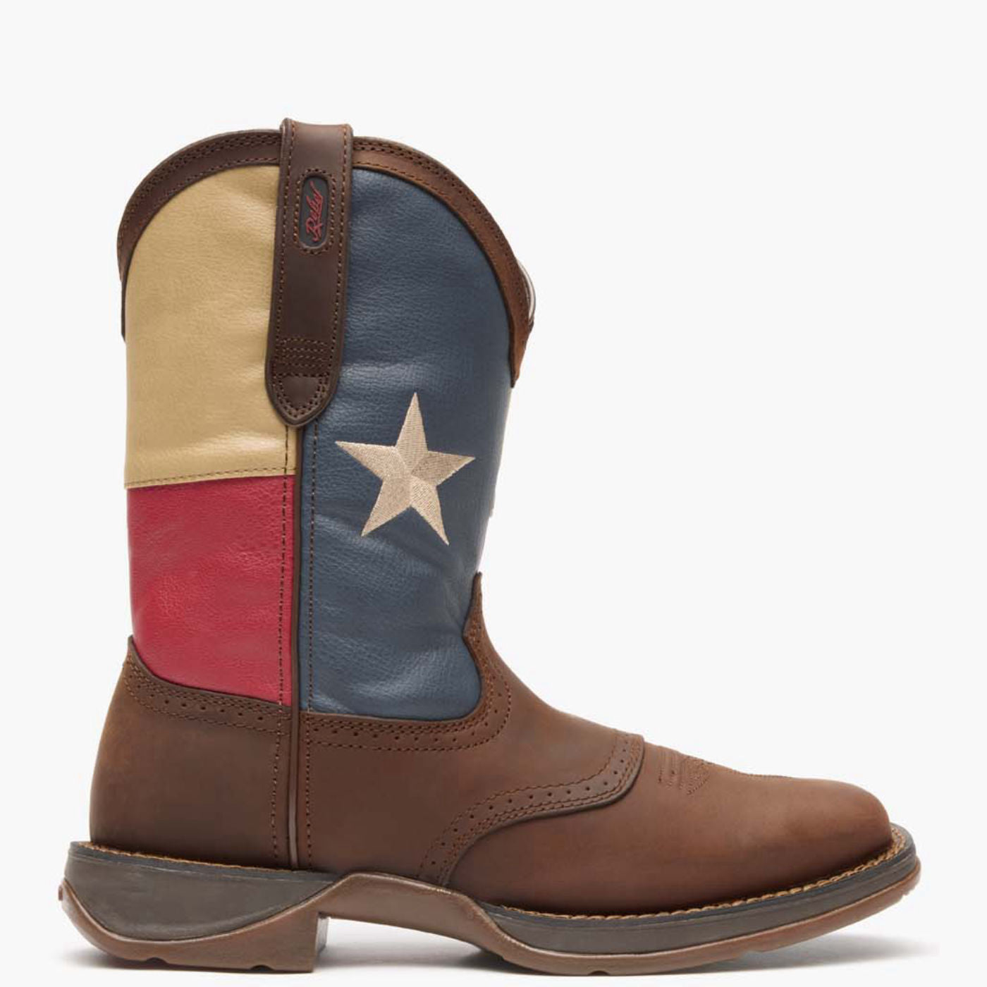 Outer side view of Durango Rebel Work brown western boot with Texas flag shaft design