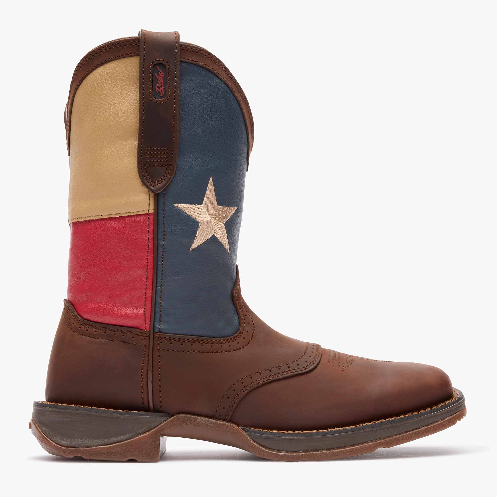 Outer side view of Durango Rebel Work brown western boot with Texas flag shaft design