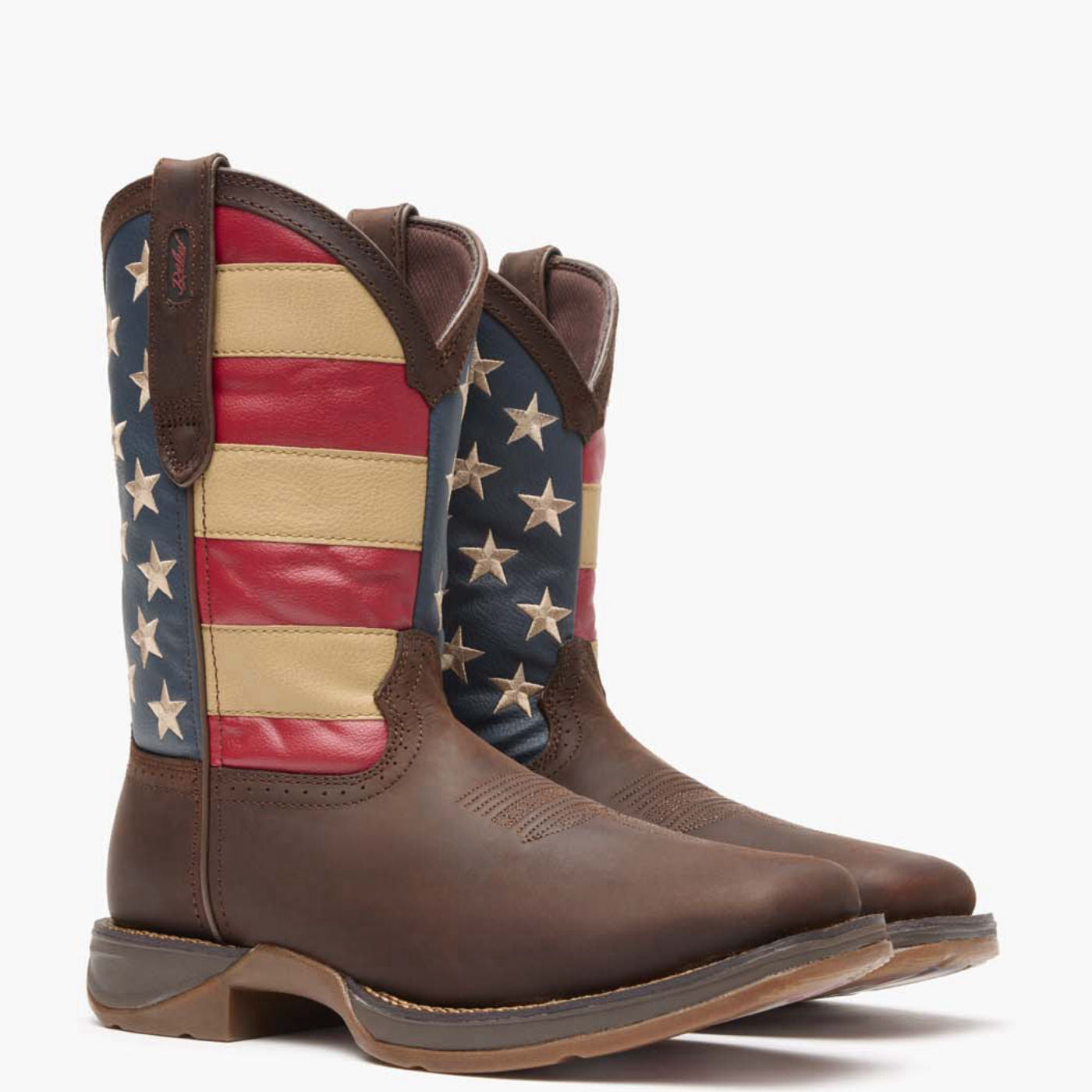 Front view of a pair of Durango Rebel™ USA Flag square toe western boots