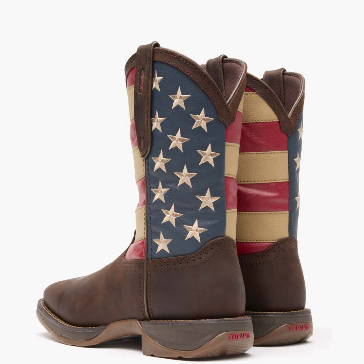 Back view of a pair of Durango Rebel™ USA Flag square toe western boots