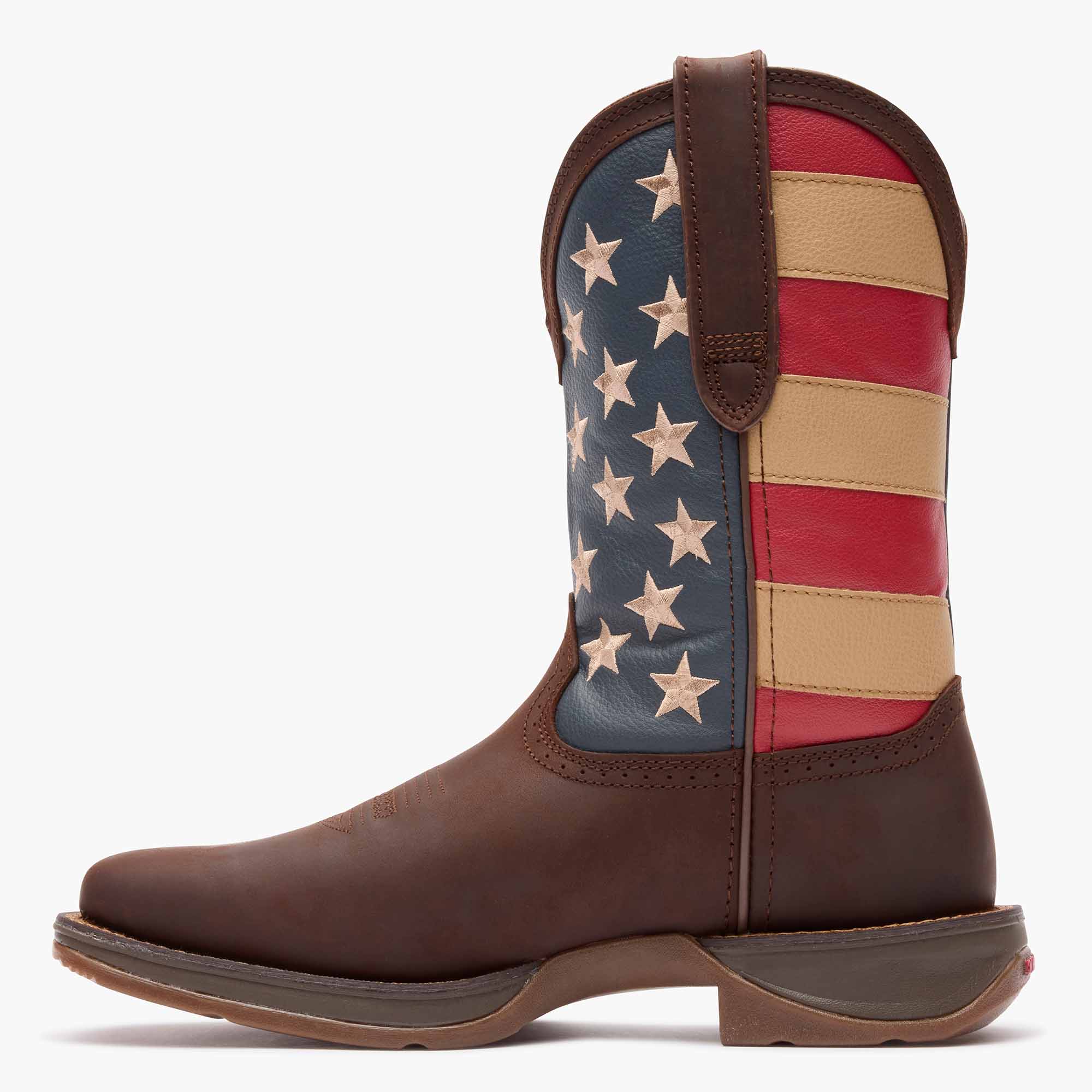 Inner side view of a pair of Durango Rebel™ USA Flag square toe western boots