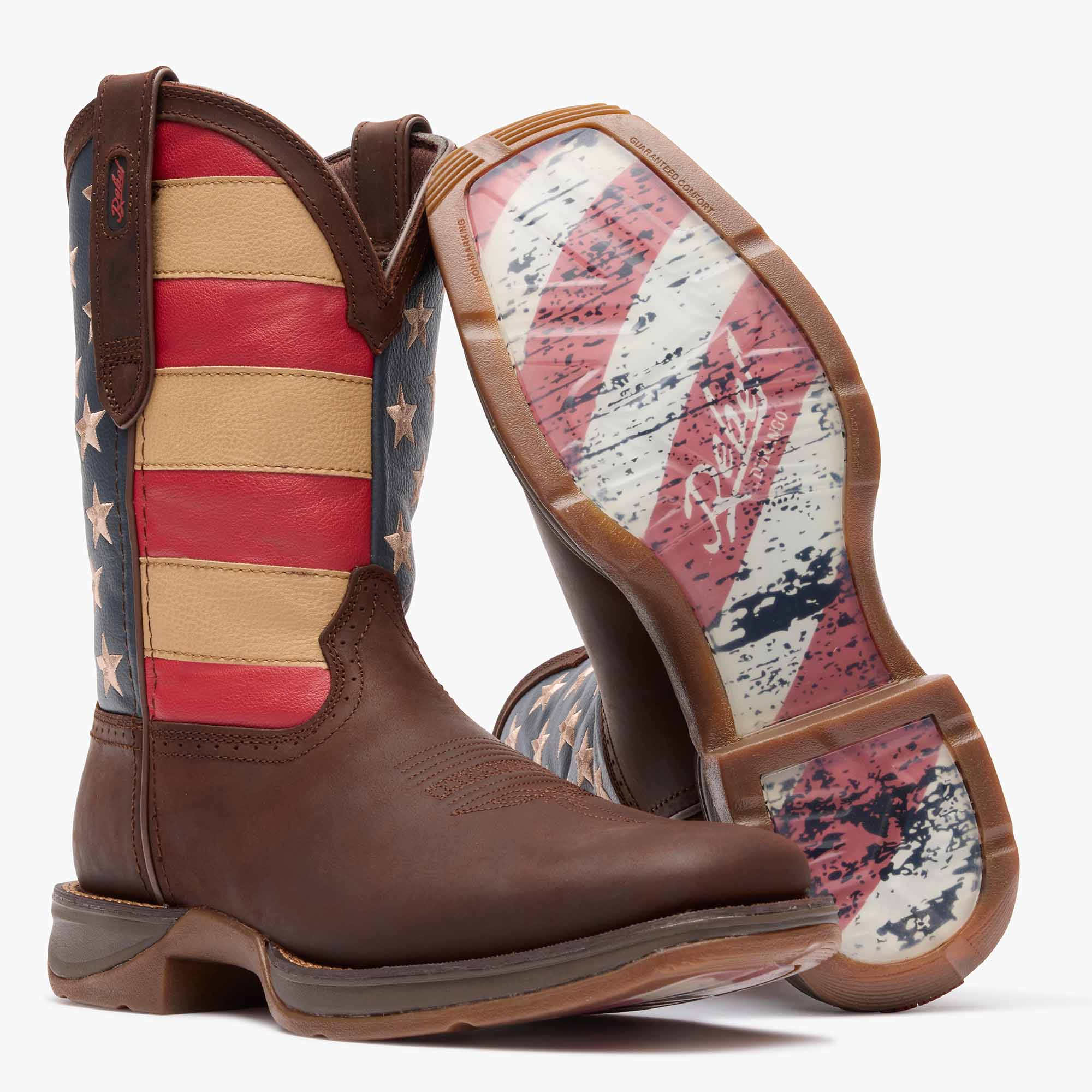 Front view of a pair of Durango Rebel™ USA Flag square toe western boots showing outsole