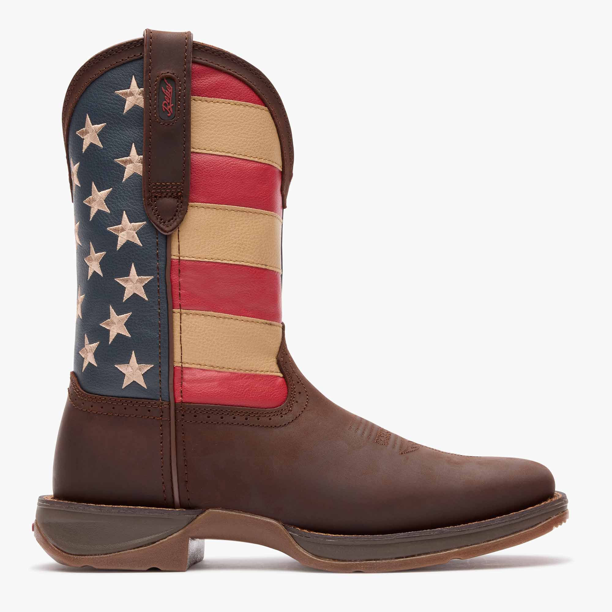 Outer side view of a pair of Durango Rebel™ USA Flag square toe western boots
