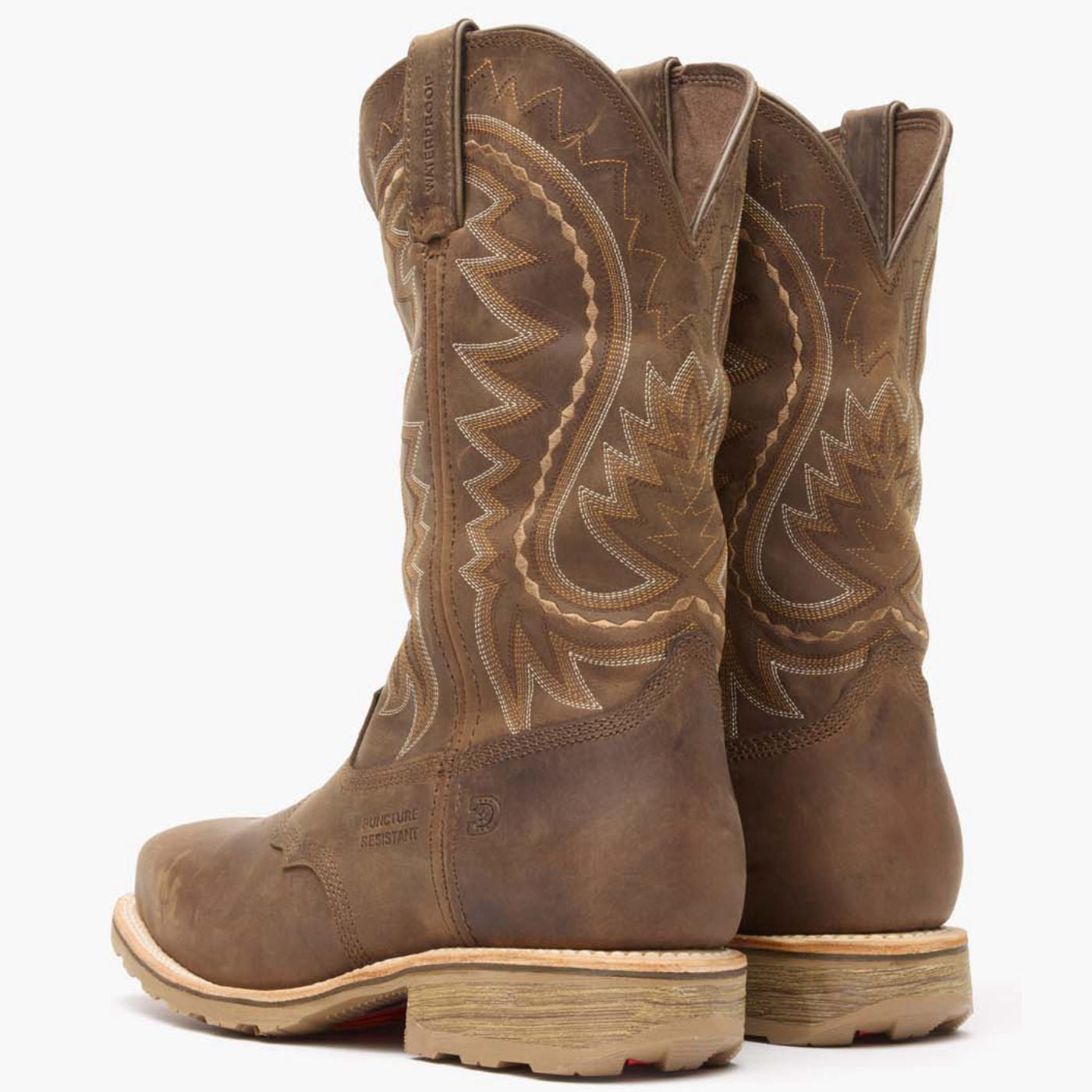 Back pair view of Durango Maverick Pro brown square toe work boots with puncture resistant emboss