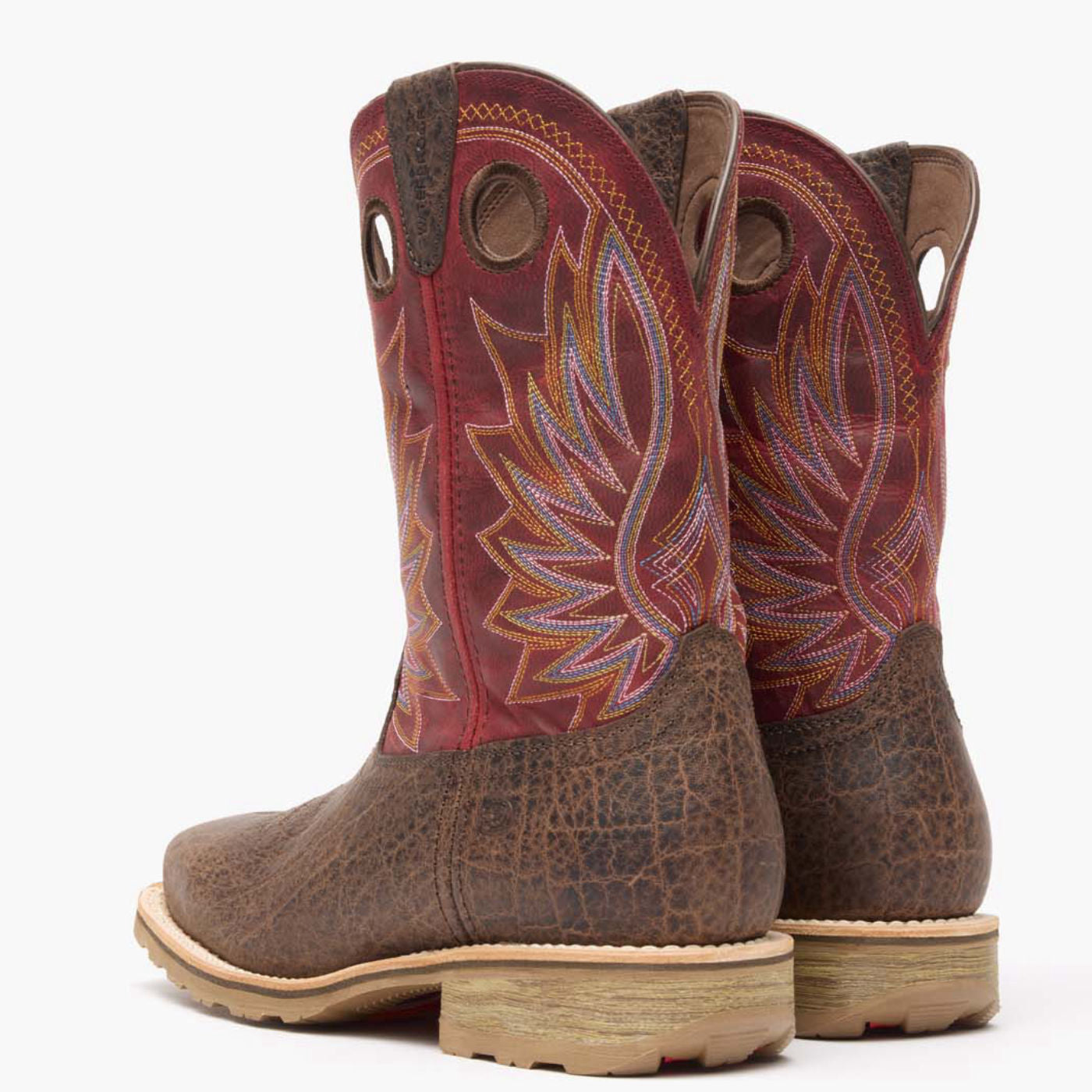 Back view of a pair of Durango Maverick Pro work boots with elephant embossed brown leather and red shaft design