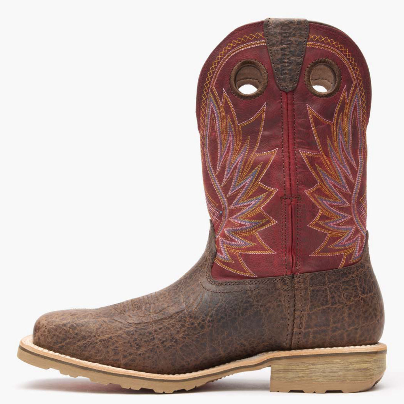 Inner side view of Durango Maverick Pro work boots with elephant embossed brown leather and red shaft design