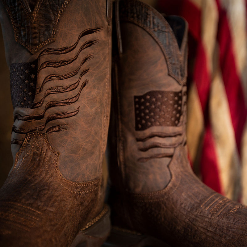 Rebel by Durango® Brown Distressed Flag Embroidery Western Boot - lifestyle