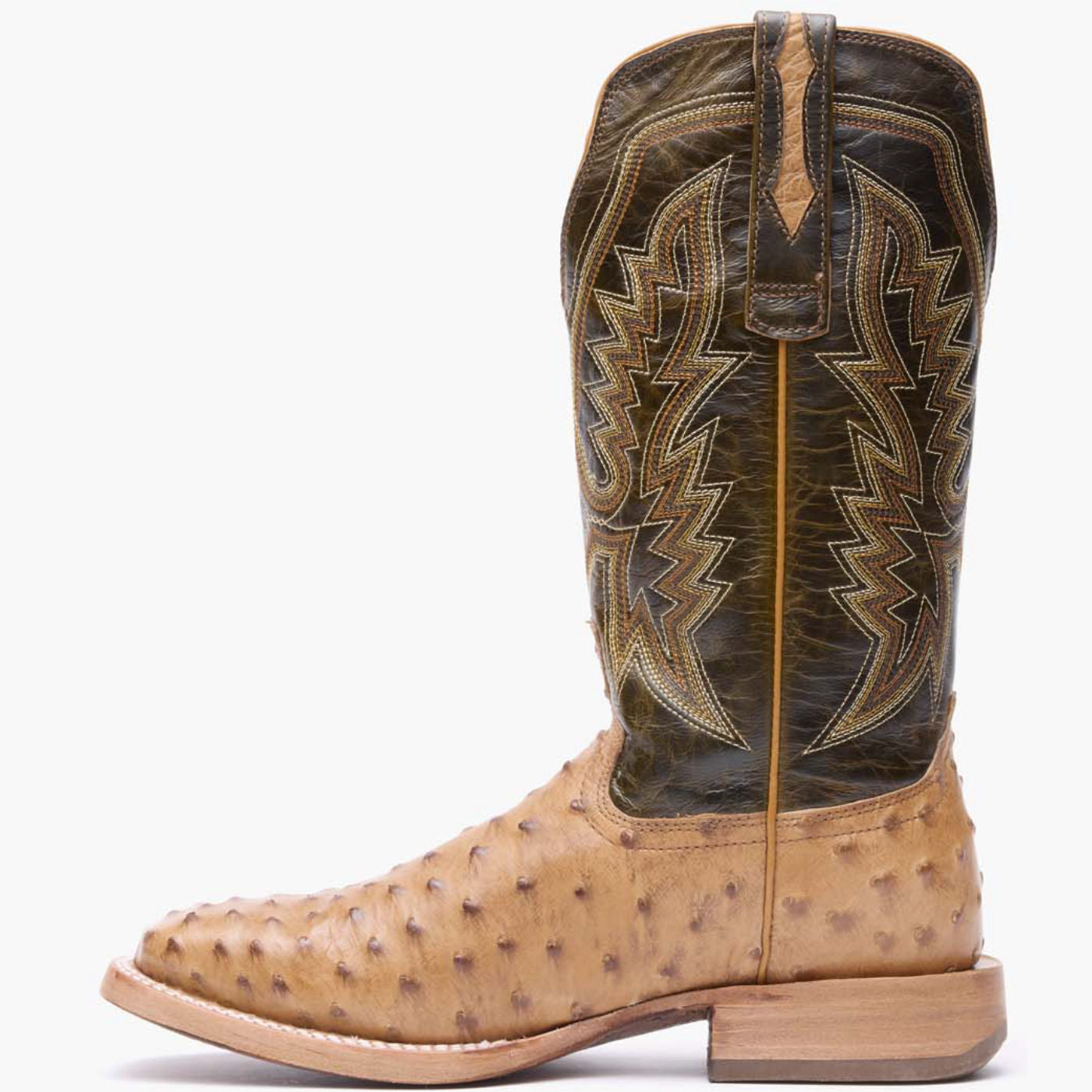 Inner side view of Durango PRCA ostrich leather square toe western boot in brown