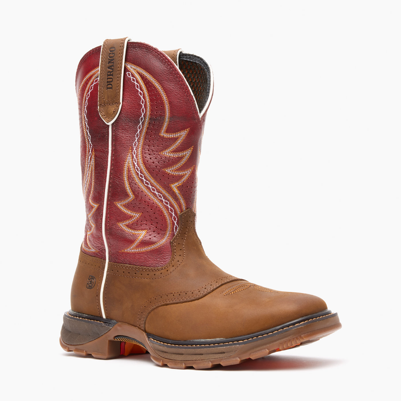 Brown and red cowboy boot on a white background