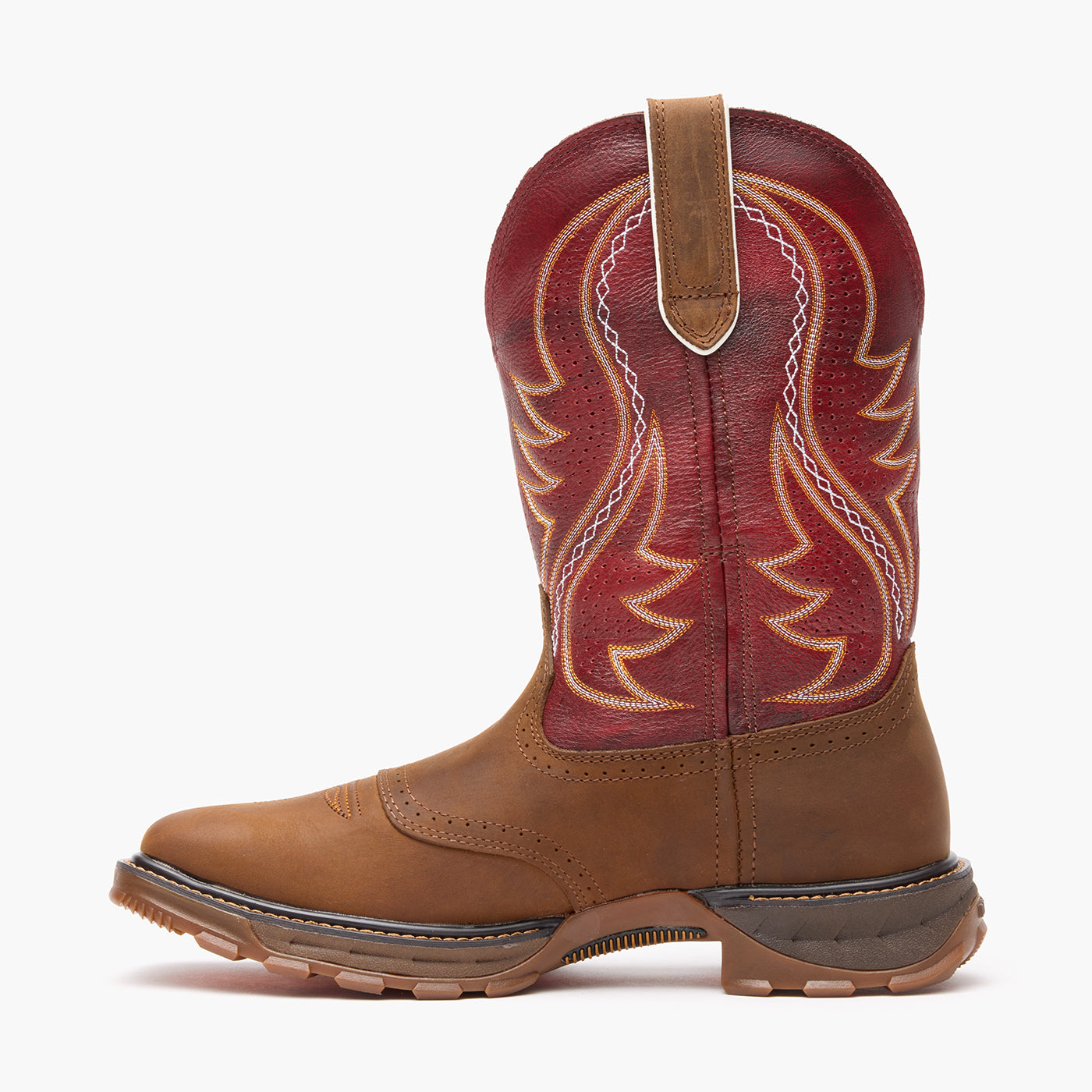 Brown and red cowboy boot with intricate stitching on a white background
