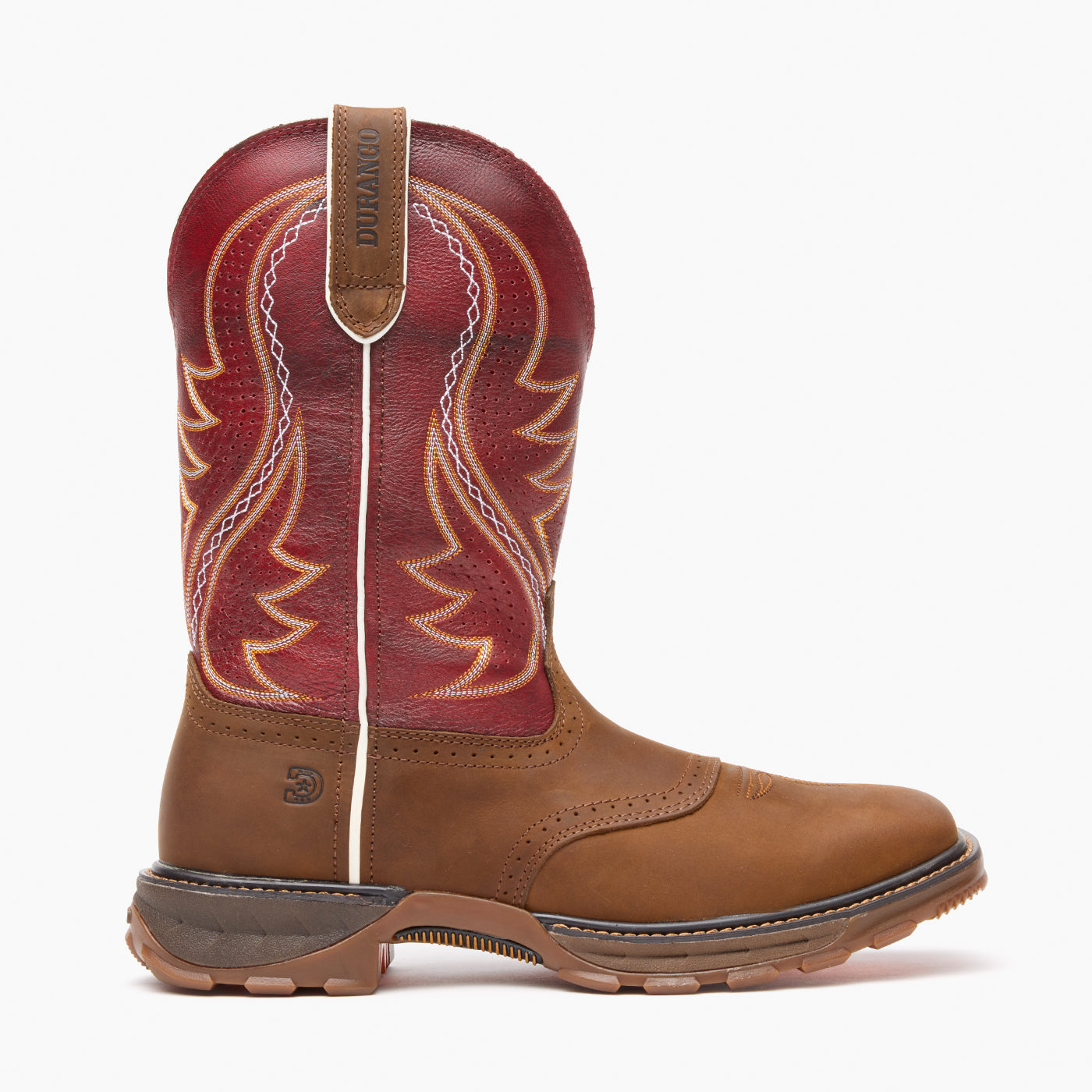 Brown and red cowboy boot with Durango logo on a white background