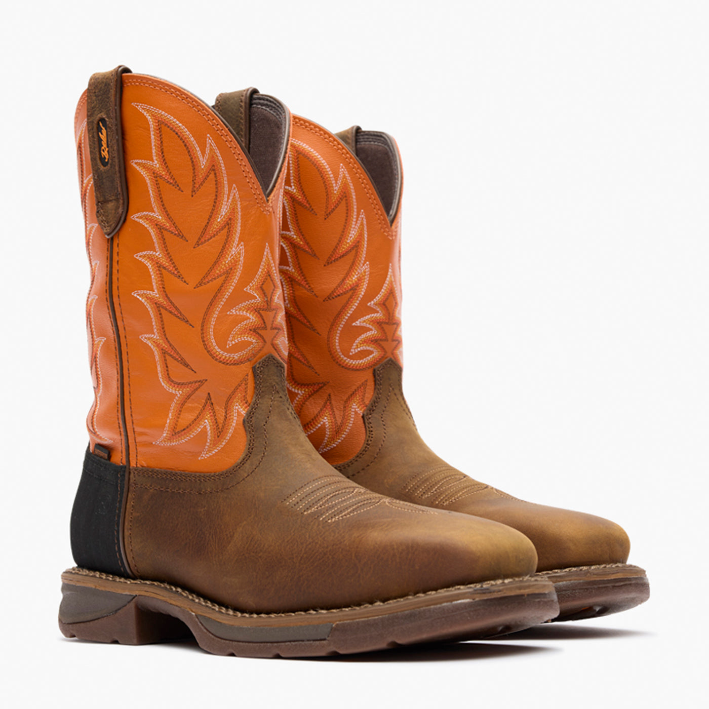 Front pair view of Durango Workin' Rebel brown and orange square toe work boots