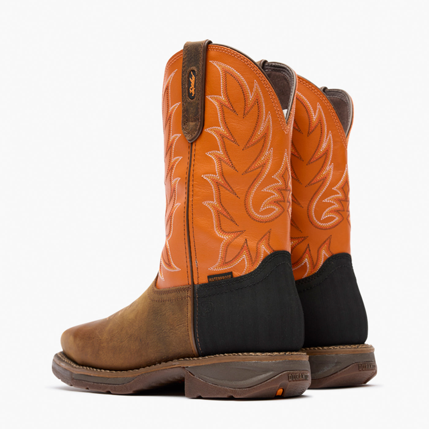 Back pair view of Durango Workin' Rebel brown and orange square toe work boots