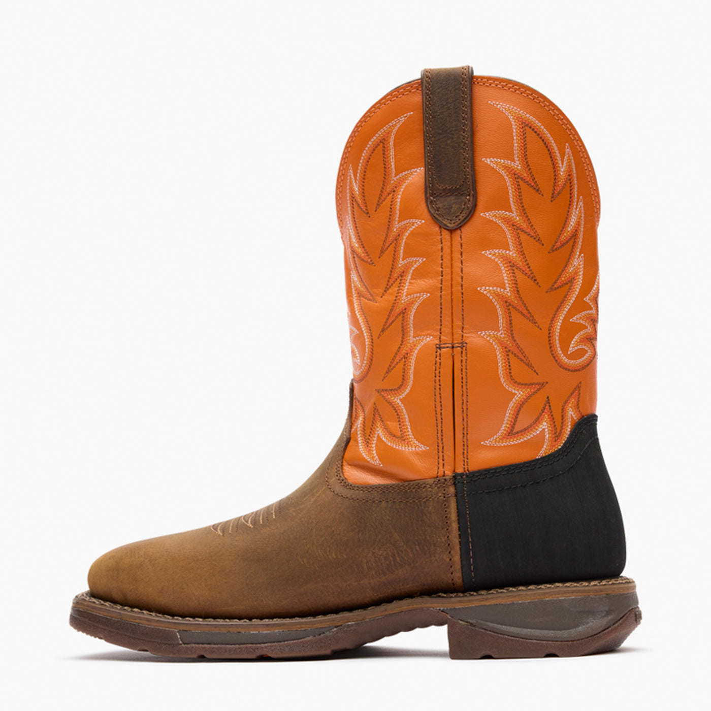 Inner side view of Durango Workin' Rebel brown and orange square toe work boot