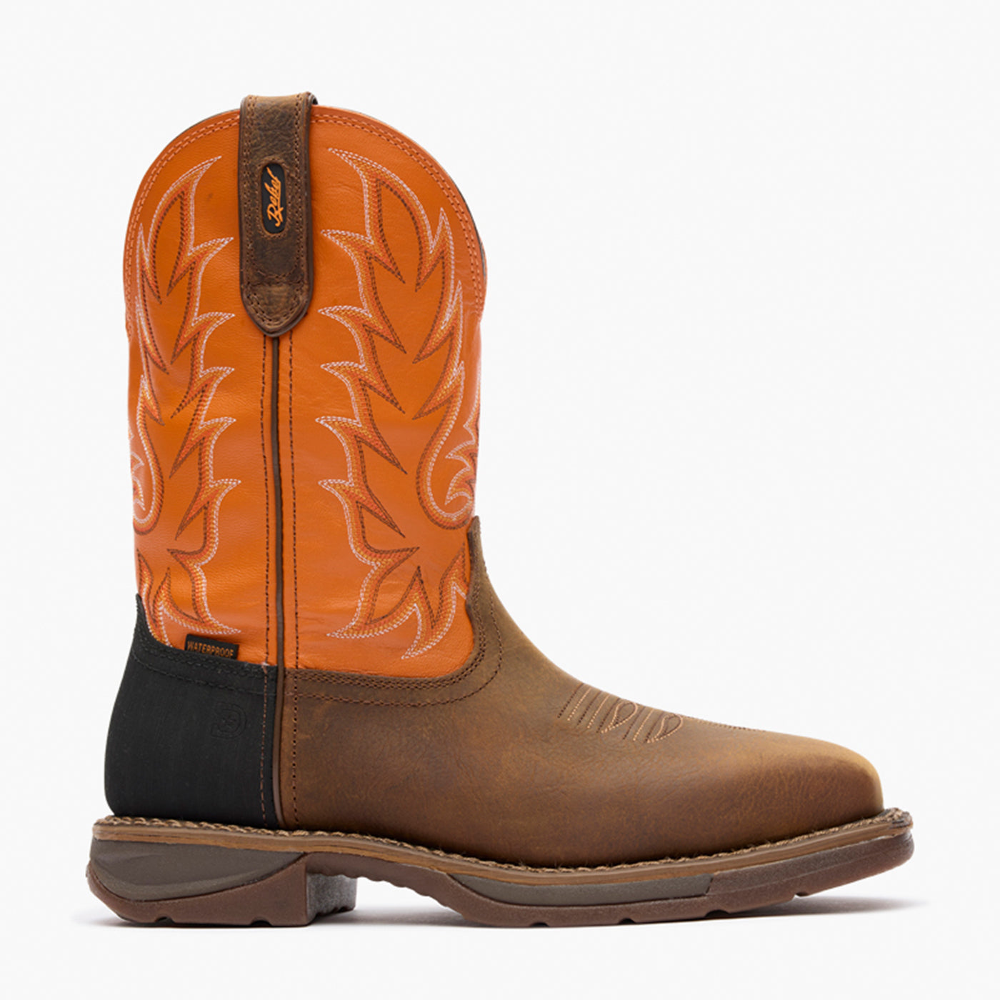 Outer side view of Durango Workin' Rebel brown and orange square toe work boot