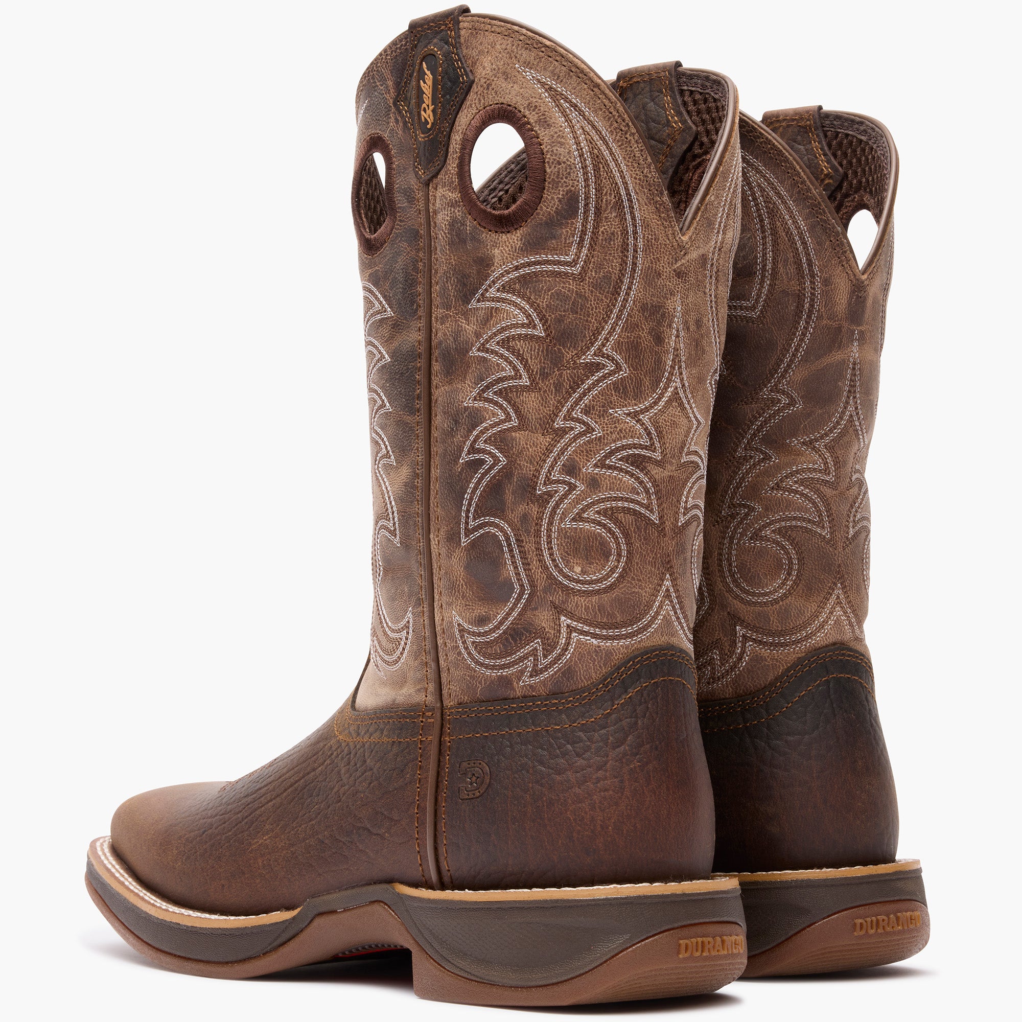 Back view of a pair of Durango Rebel Ultra Lite Brown Square Toe Western Boots