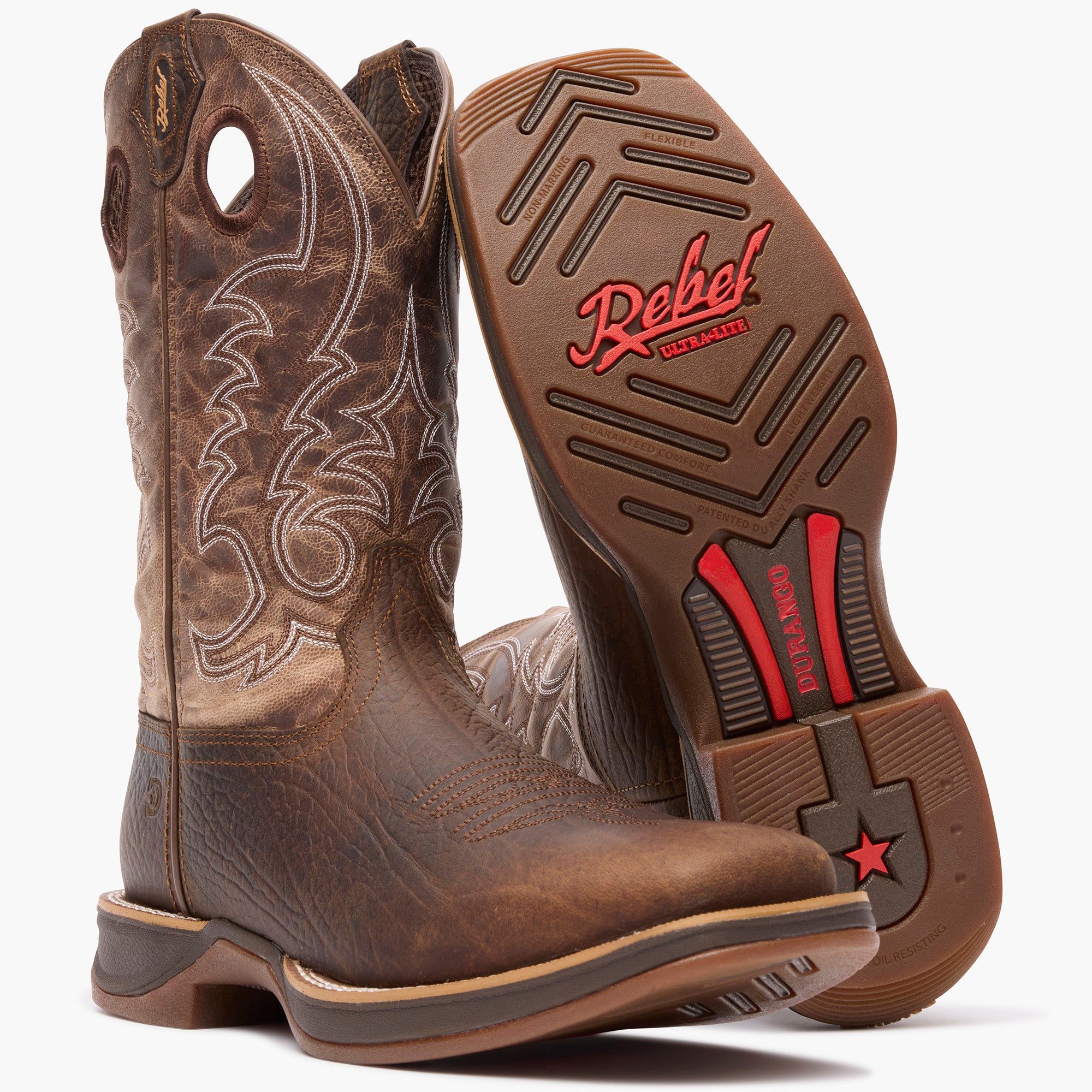 Front view of a pair of Durango Rebel Ultra Lite Brown Square Toe Western Boots showing the outsole