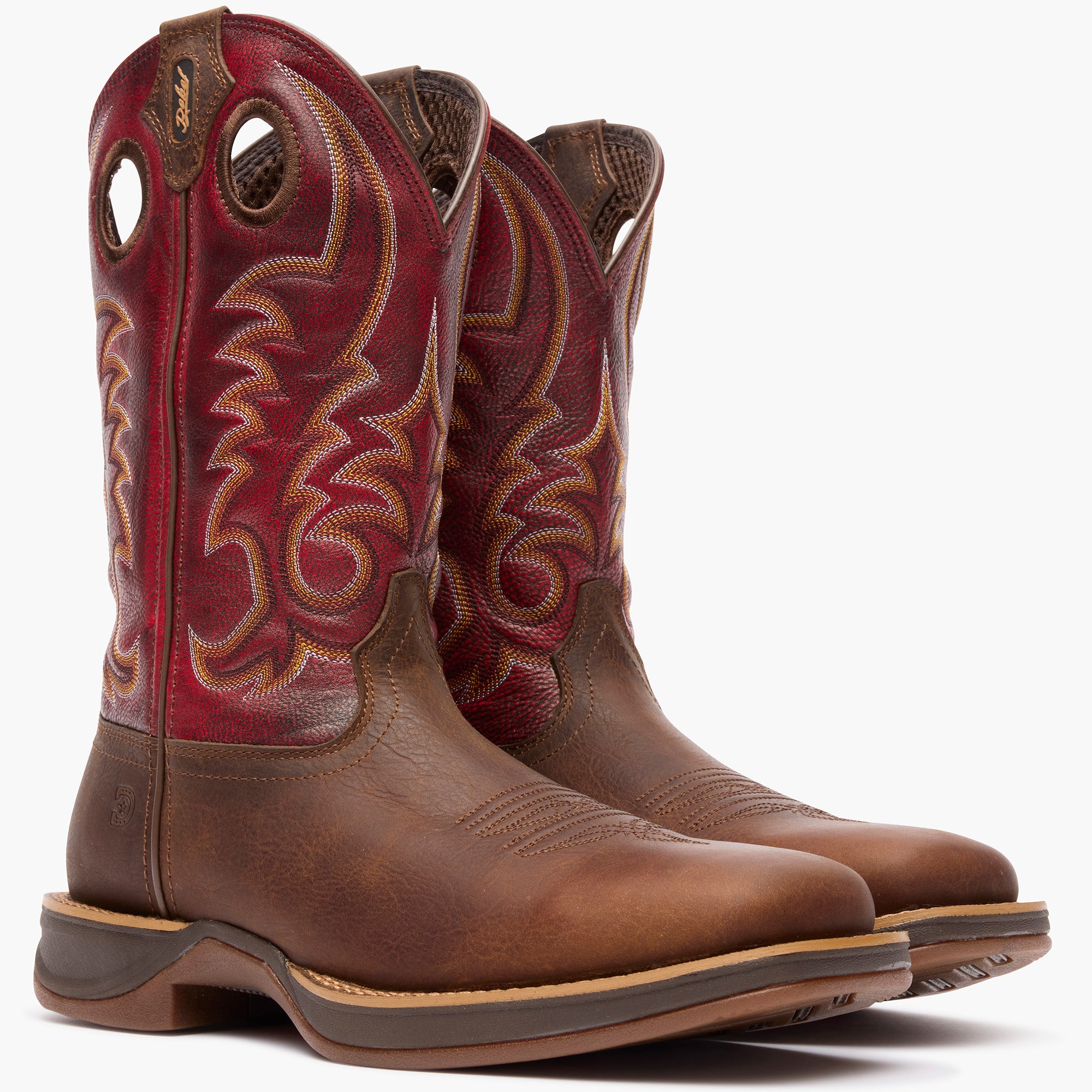 Front view of a pair of Durango Rebel Ultra Lite red shaft square toe western boots