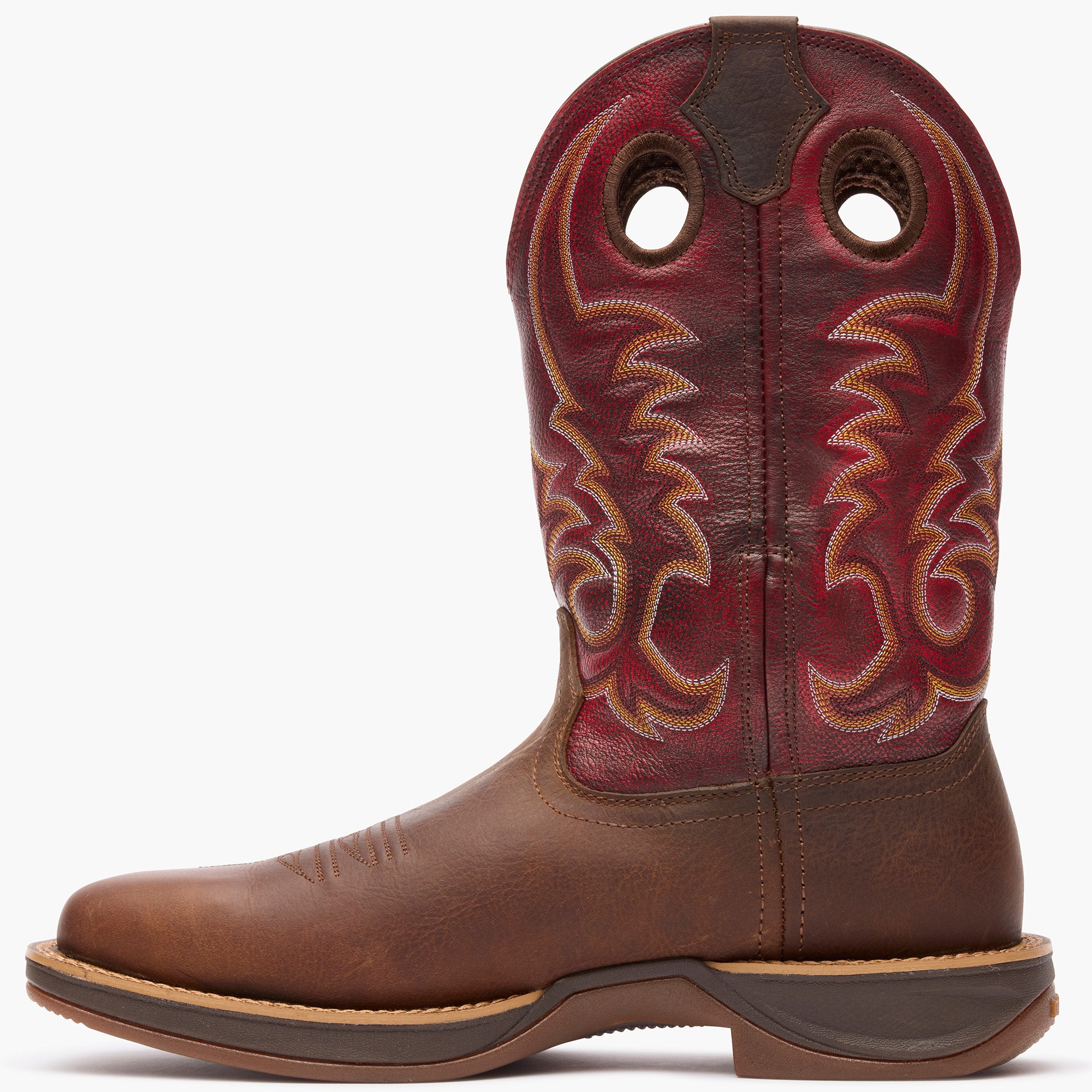 Inner side view of Durango Rebel Ultra Lite red shaft square toe western boot