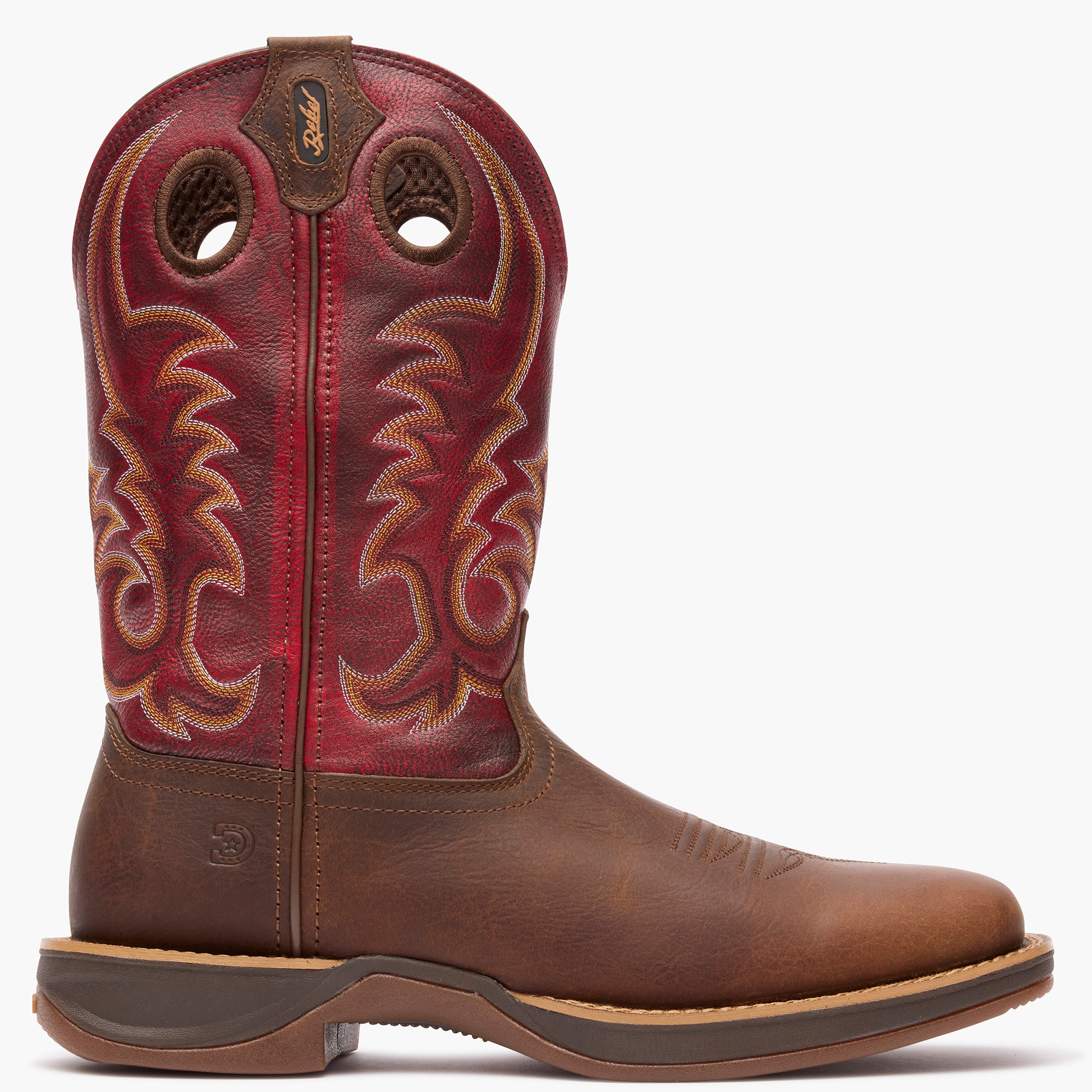 Outer side view of Durango Rebel Ultra Lite red shaft square toe western boot