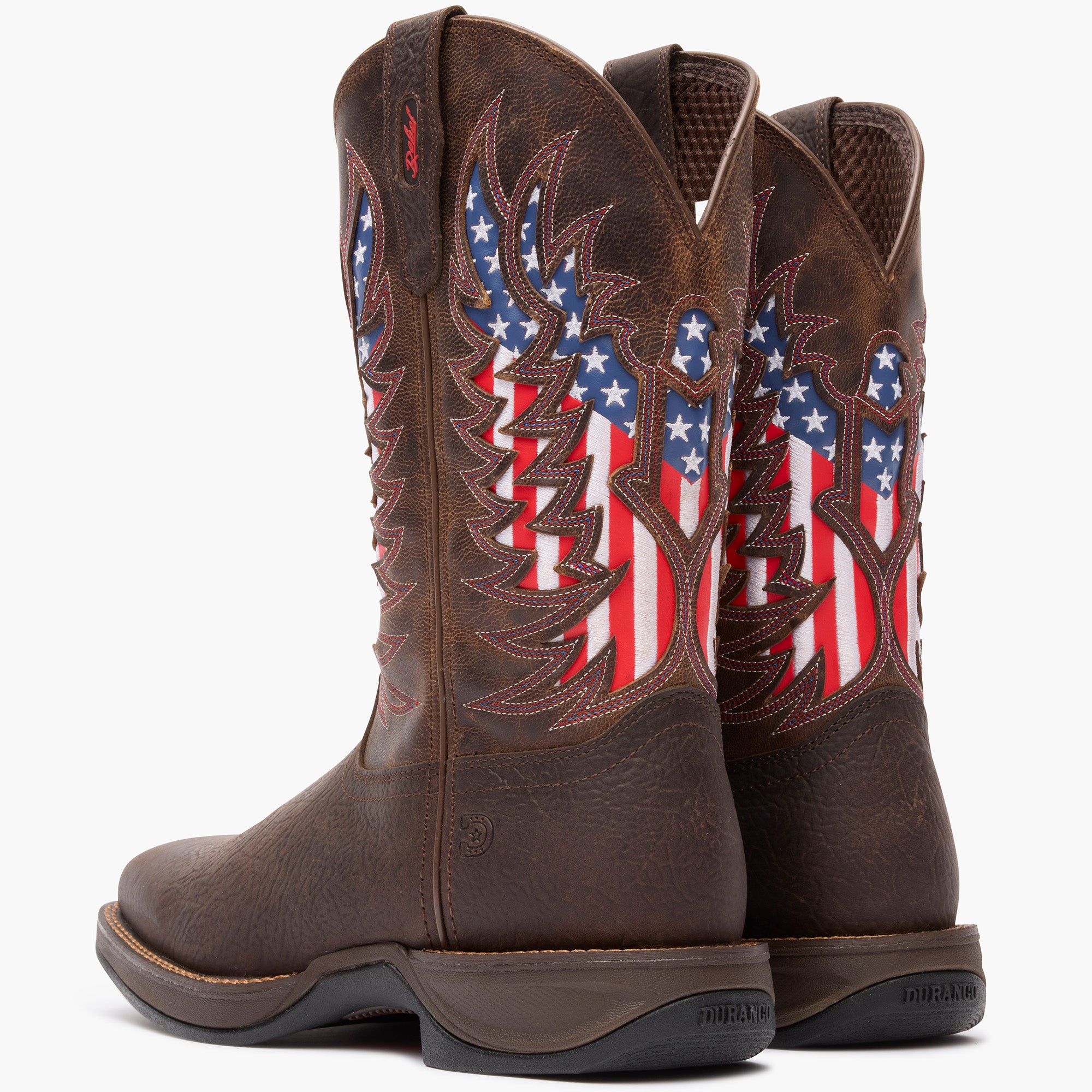 Back pair view of Durango Rebel Ultra Lite patriotic eagle brown square toe western boots