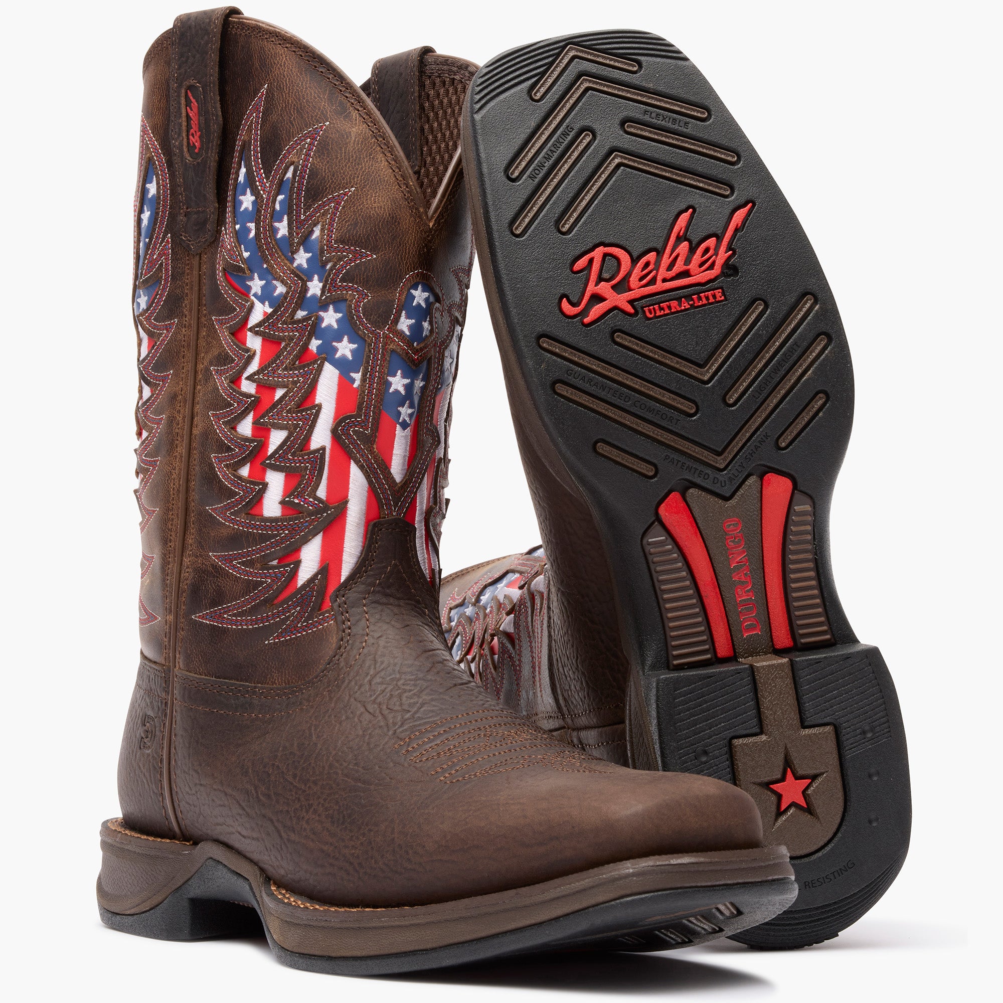 Front pair view of Durango Rebel Ultra Lite patriotic eagle brown square toe western boots with outsole showing