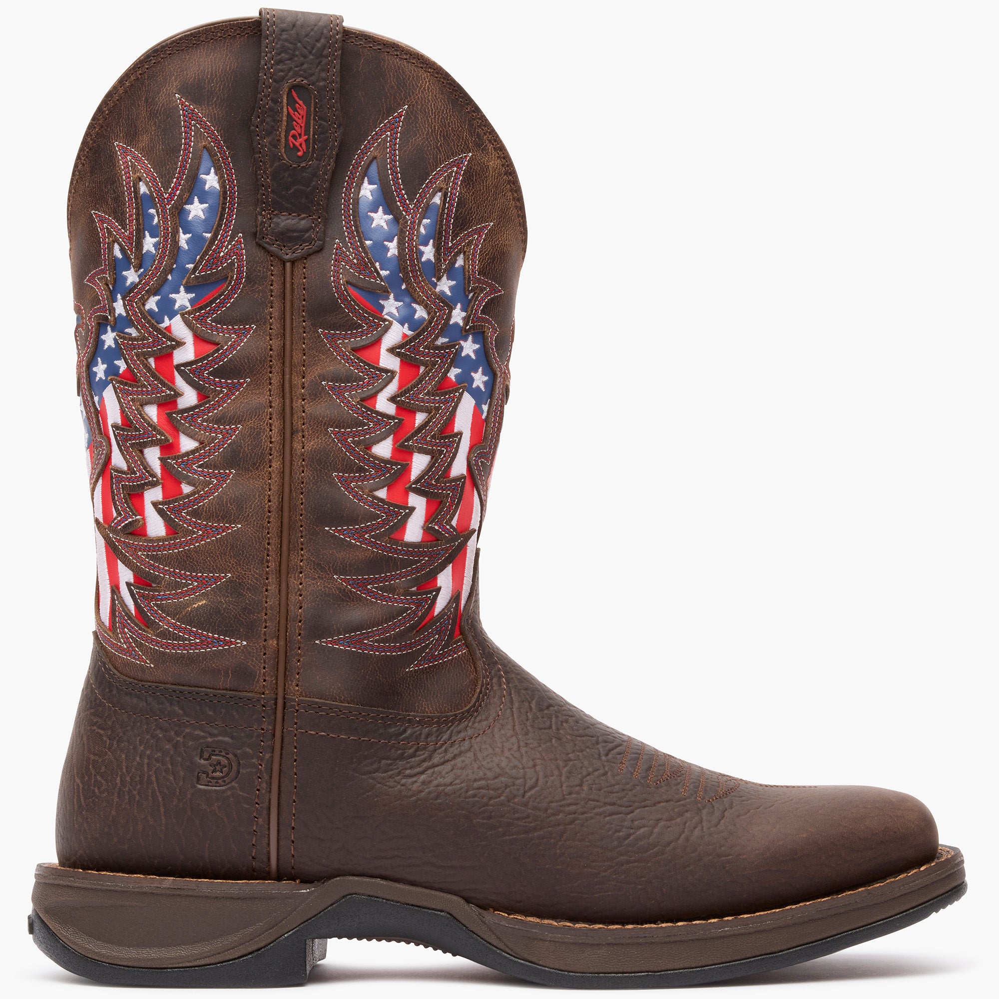 Outer side view of Durango Rebel Ultra Lite patriotic eagle brown square toe western boot