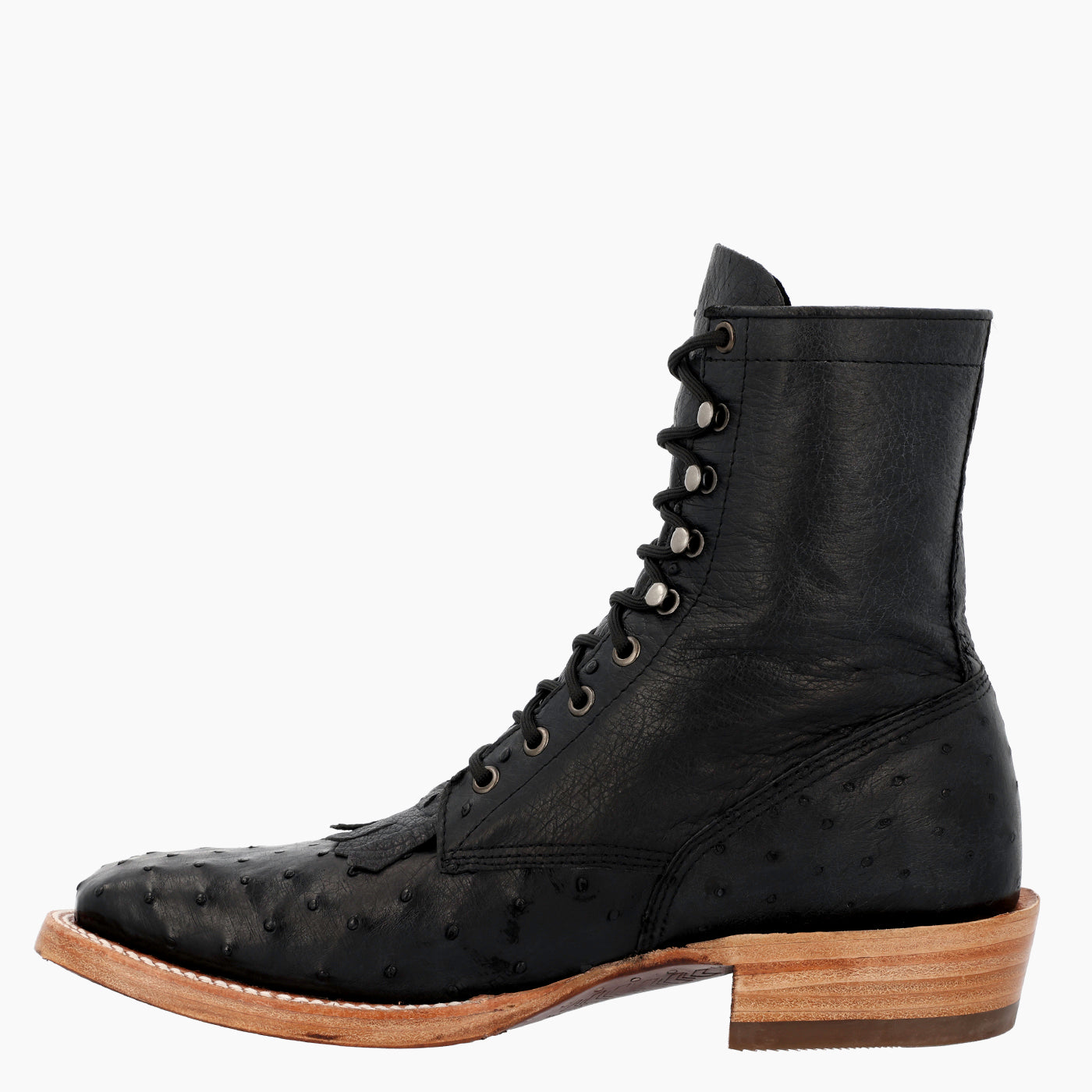 A black leather lace-up ankle boot with ostrich-embossed detailing on the toe and heel, a stacked wood-look heel, and silver-toned eyelets, shown against a plain white background.